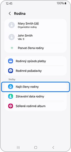 Rodinná obrazovka s vybranou možností Najít členy rodiny