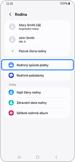Rodinná platební metoda zvýrazněná na rodinné obrazovce.