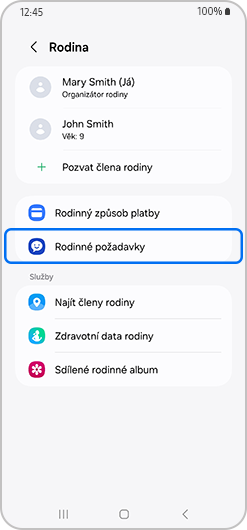 Rodinné žádosti zvýrazněné na obrazovce Rodina.