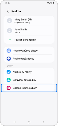 Rodinná obrazovka se zvoleným Sdíleným rodinným albem