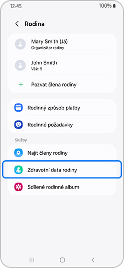 Rodinná obrazovka se zvoleným Hledat členy rodiny.