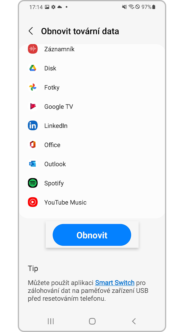 Aplikace pro obnovení továrních dat