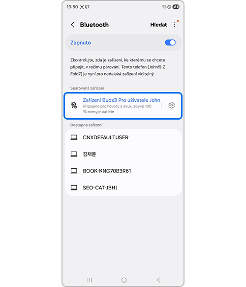 Připojená sluchátka Galaxy Buds v seznamu Bluetooth