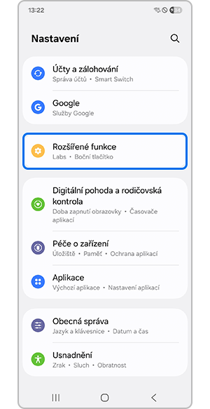 Výběr nabídky Rozšířené funkce