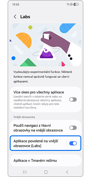 Zapnutí funkce Aplikace povolené na vnější obrazovce