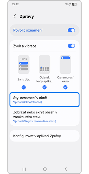 Výběr stylu oznámení v okně