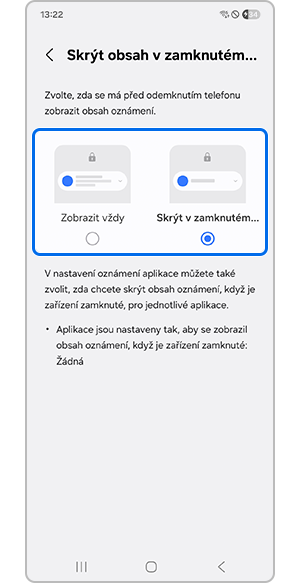 Klepnutí na možnost Zobrazit vždy nebo Skrýt v zamknutém stavu