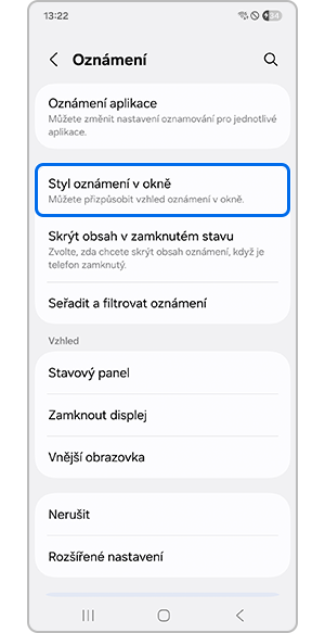 Výběr Stylu oznámení v okně