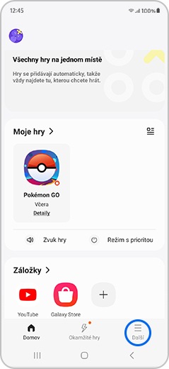 Další možnosti zvýrazněné v aplikaci Gaming Hub