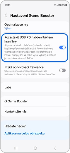Položka Pozastavit USB PD nabíjení během hraní hry zvýrazněná v nastavení aplikace Game Booster