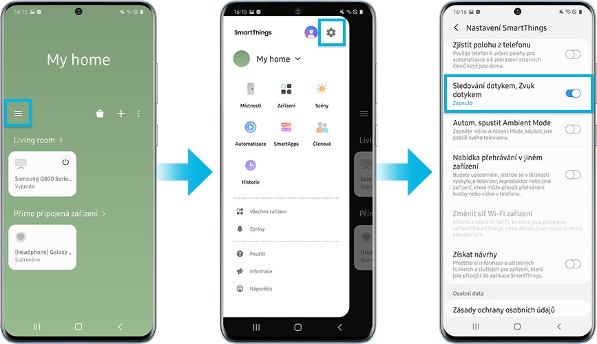 obrazovka aplikace smartthings pro nastavení funkce tap view