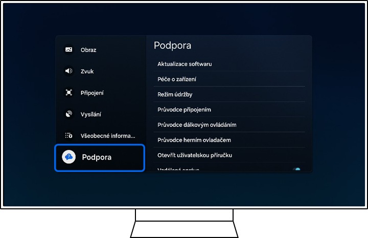 Televizor Samsung zobrazuje možnosti Všechna nastavení.
