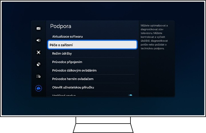 Televizor Samsung zobrazuje možnosti Podpora.