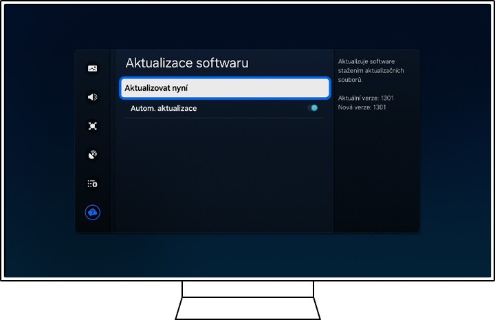 Televizor Samsung zobrazuje možnosti Softwaru.