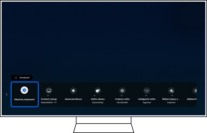 Televizor Samsung zobrazuje možnosti Nastavení.