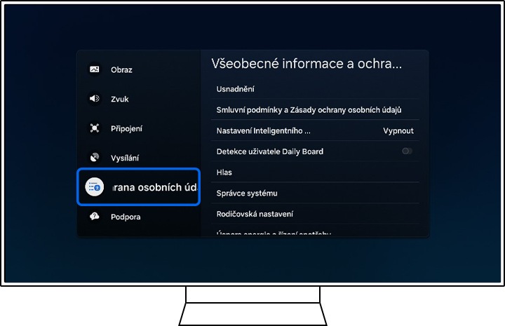 Televizor Samsung zobrazuje možnosti Všechna nastavení.