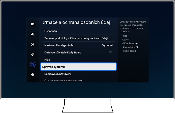 Televizor Samsung zobrazuje možnosti Obecné a soukromí.