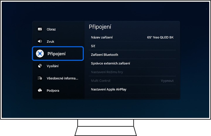 Televizor Samsung zobrazuje možnosti Všechna nastavení.