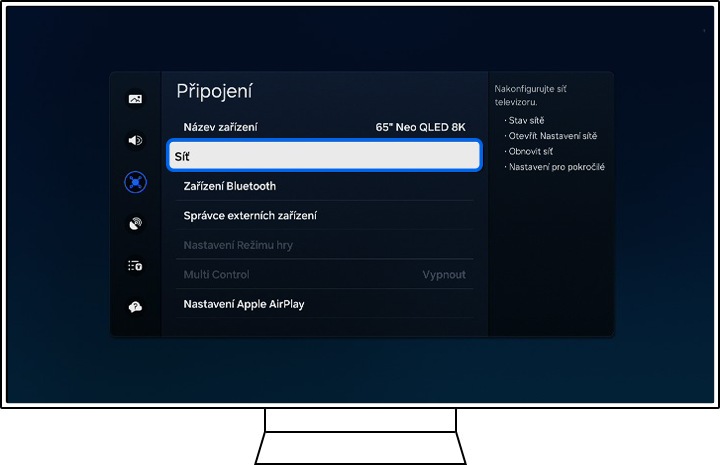 Televizor Samsung zobrazuje možnosti Připojení.