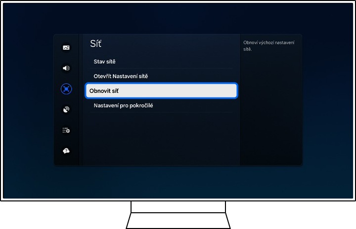 Televizor Samsung zobrazuje možnosti Sítě.