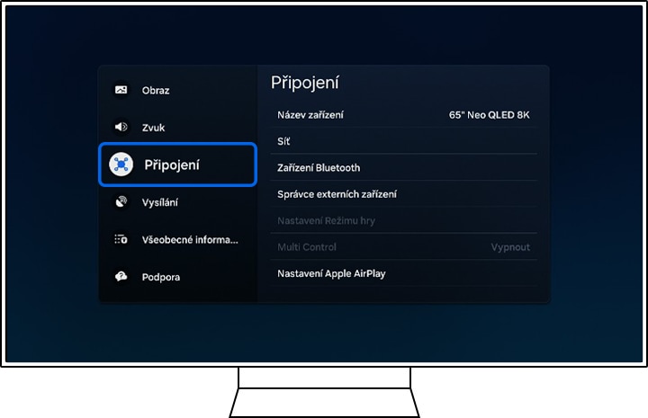 Televizor Samsung zobrazuje všechny možnosti nastavení.