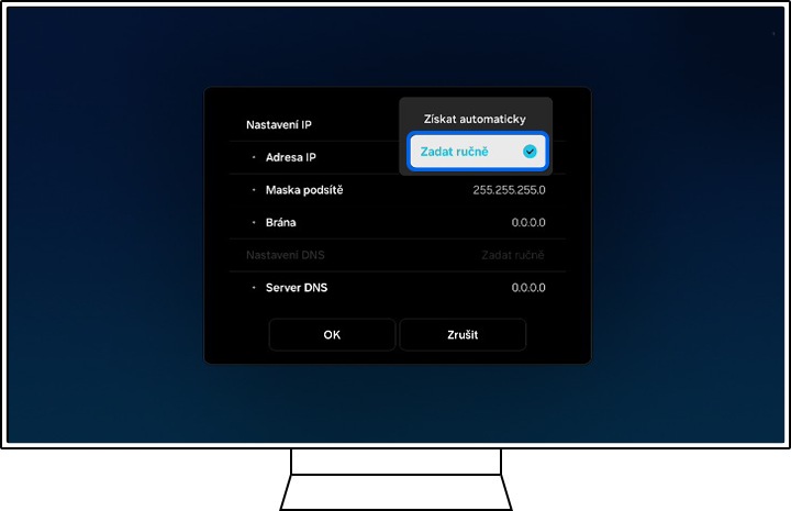 Televizor Samsung zobrazuje vyskakovací menu Nastavení IP.
