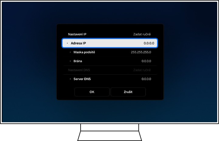 Televizor Samsung zobrazuje informace o Nastavení IP.
