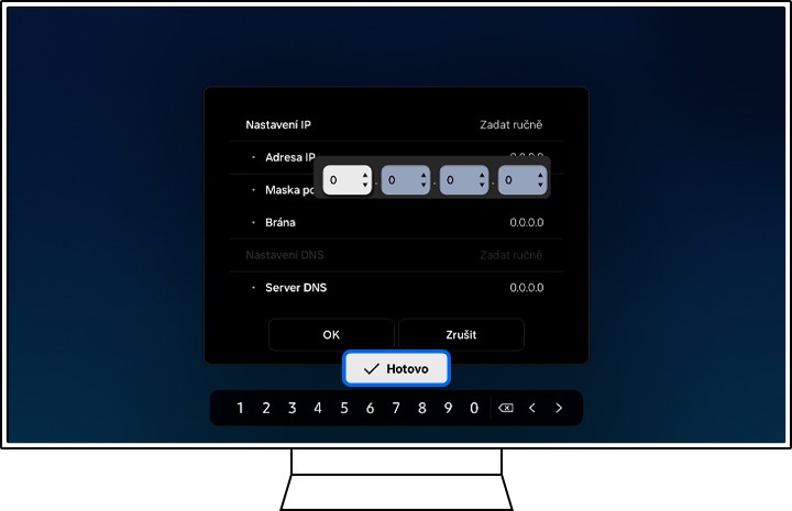 Televizor Samsung zobrazuje formulář pro Nastavení IP.