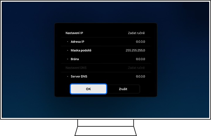 Televizor Samsung zobrazuje informace o Nastavení IP.