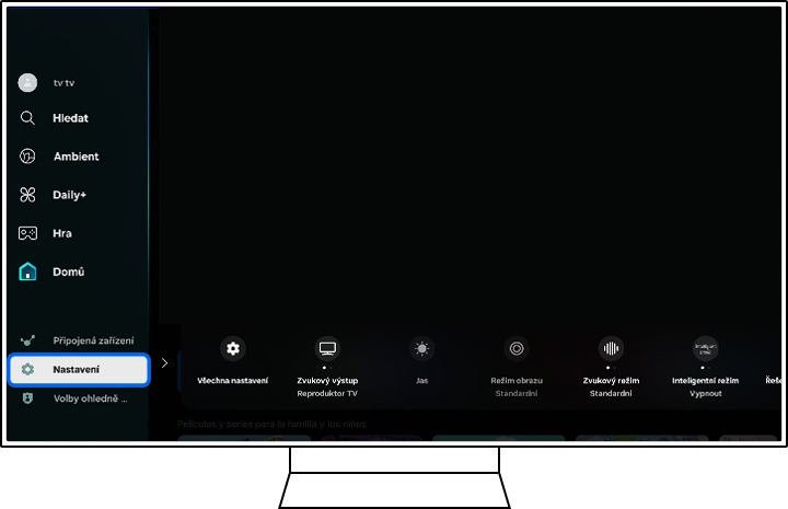 Televizor Samsung zobrazuje hlavní stránku sekce menu.