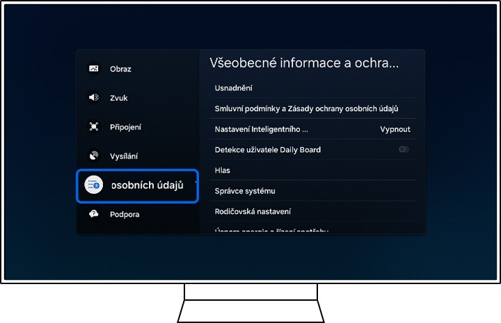 Televizor Samsung zobrazuje možnosti Všech nastavení.