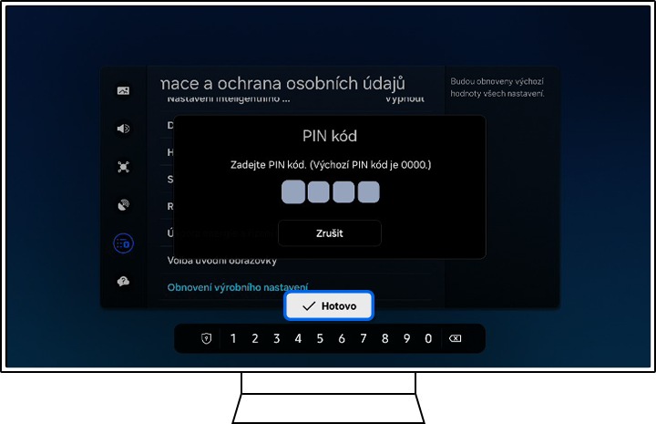 Televizor Samsung zobrazuje pole pro zadání PINu.