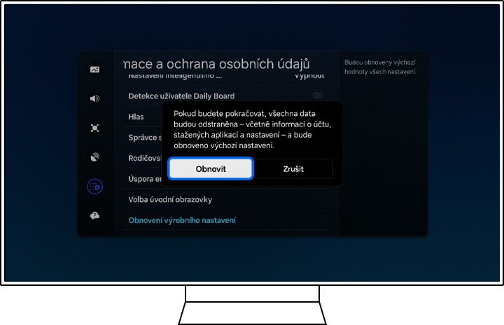 Televizor Samsung zobrazuje potvrzovací vyskakovací okno.