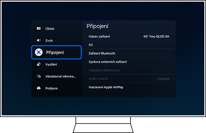 Televizor Samsung zobrazuje možnosti Všech nastavení.