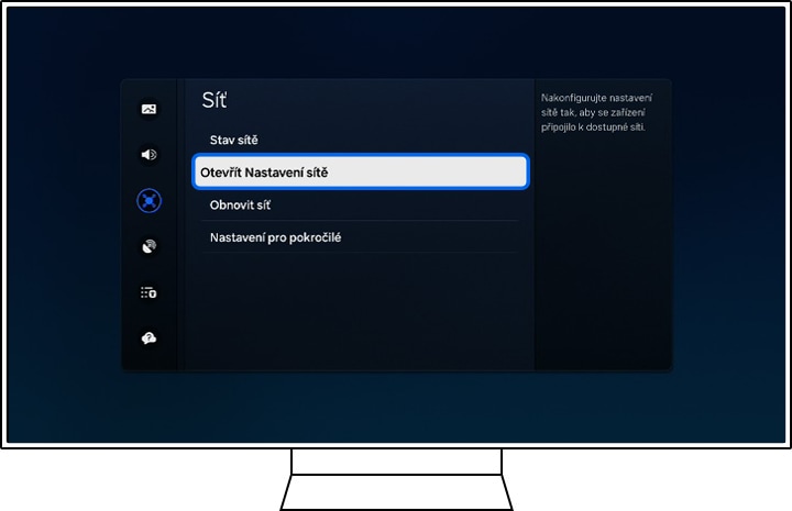 Televizor Samsung zobrazuje možnosti Sítě.