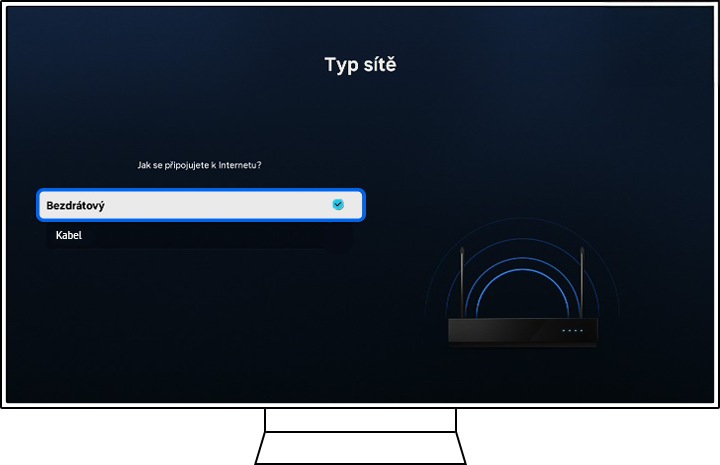 Televizor Samsung zobrazuje obrazovku pro výběr typu sítě.