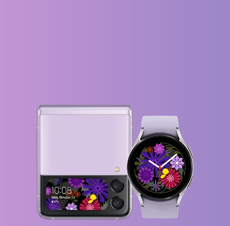 Skládací smartphone Galaxy Z Flip a chytré hodinky Galaxy Watch s květinovým motivem na displeji znázorňují jednotné uživatelské rozhraní One UI pro všechna zařízení Samsung.
