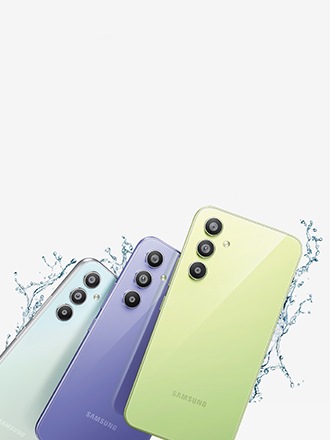 Barevné chytré telefony Galaxy A v odstínech zelené, fialové a žluté na světlém pozadí znázorňují dostupnou řadu Galaxy A pro každého.