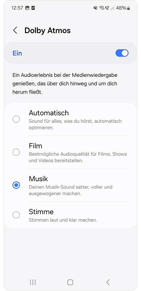 Dolby Atmos wurde geöffnet und man kann den Audio-Typ wählen.