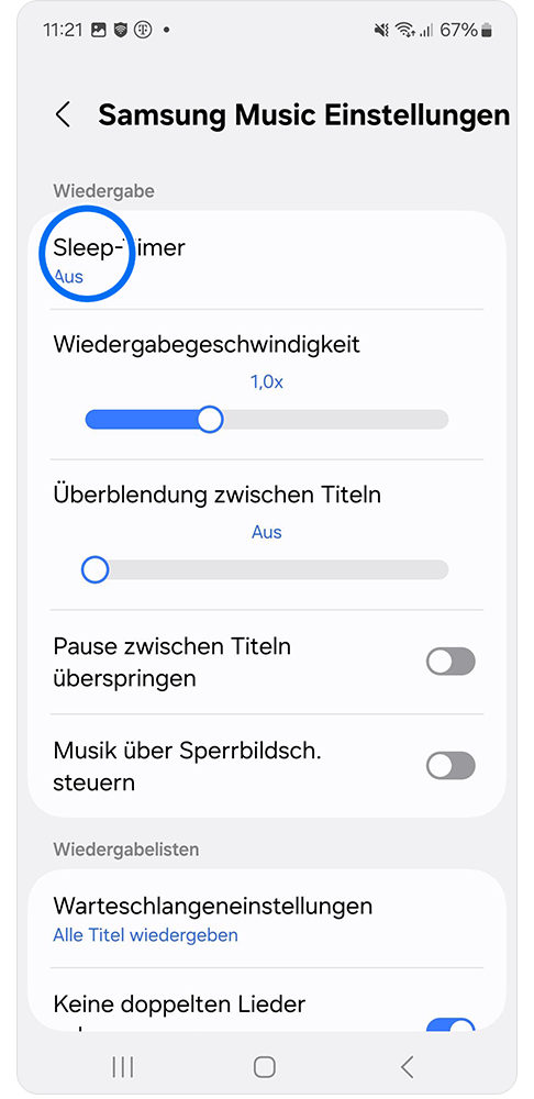 Sleep-Timer wird angetippt.