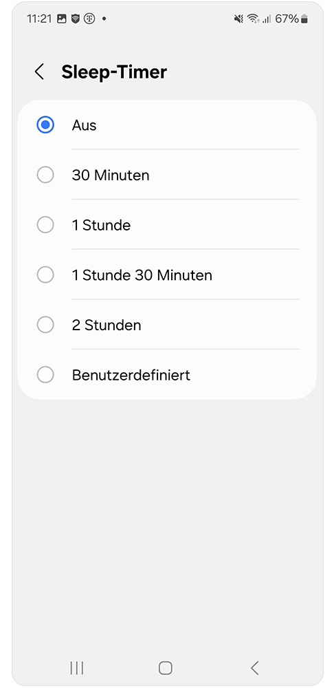 Sleep-Timer Zeiten werden ausgewählt, wie z.B. 30 Minuten oder 1 Stunde.
