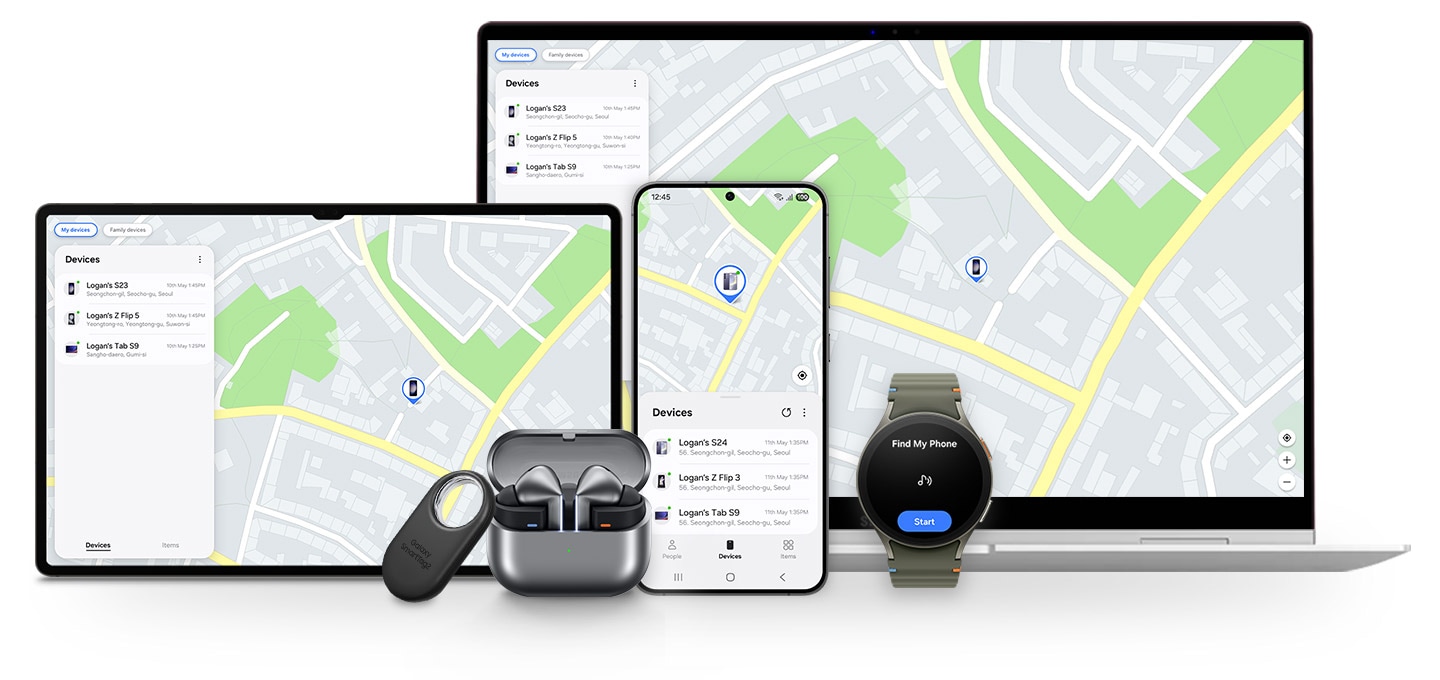 Auf einem Galaxy Book, einem Galaxy Tab und einem Galaxy Smartphone ist der Samsung Find-Startbildschirm zu sehen, der den aktuellen Standort eines verlorenen Geräts anzeigt. Ein SmartTag, ein Paar Galaxy Buds und eine Galaxy Watch sind daneben platziert, um zu verdeutlichen, dass sie ebenfalls mit Samsung Find kompatibel sind. Auf der Galaxy Watch kann man den Text „Find My Phone“ zusammen mit einem Klingelsymbol und der Schaltfläche „Start“ sehen.