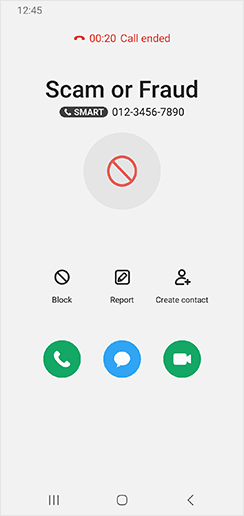 Ein Screenshot, der zeigt, dass ein Scam-Anruf gerade beendet worden ist, mit Symbolen für sechs verfügbare Optionen („Blockieren“, „Melden“, „Kontakt erstellen“, „Anrufen“, „Nachricht“, „Videoanruf“).