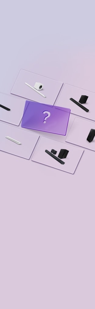 Verschiedene Samsung Audiogeräte werden auf Karten dargestellt. In der Mitte befindet sich eine Karte mit einem Fragezeichen darauf.