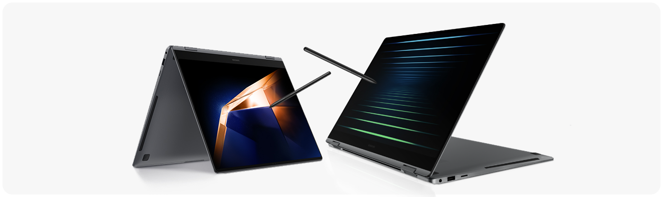 Zwei Laptops der Galaxy Book Serie aufgeklappt und umgeklappt