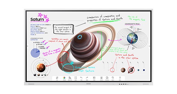 A smart signage whiteboard is shown with a planet on the screen