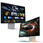 Seitliche Ansicht von Monitoren. Links oben ein Smart Monitor M9. Rechts unten ein Odyssey 3D Monitor.