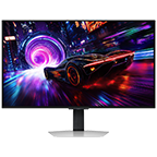 Vorderseite des 27 Zoll Samsung Odyssey OLED G8 mit einem Sportwagen, der auf den Neontunnel zurast.