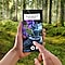 Frauenhände halten ein Galaxy S24 Ultra, Wald im Hintergund, auf dem Screen ein Bildausschnitt aus der AR-App Trails of Wonder, ein Fotoszenario mit dem Donnervogel.