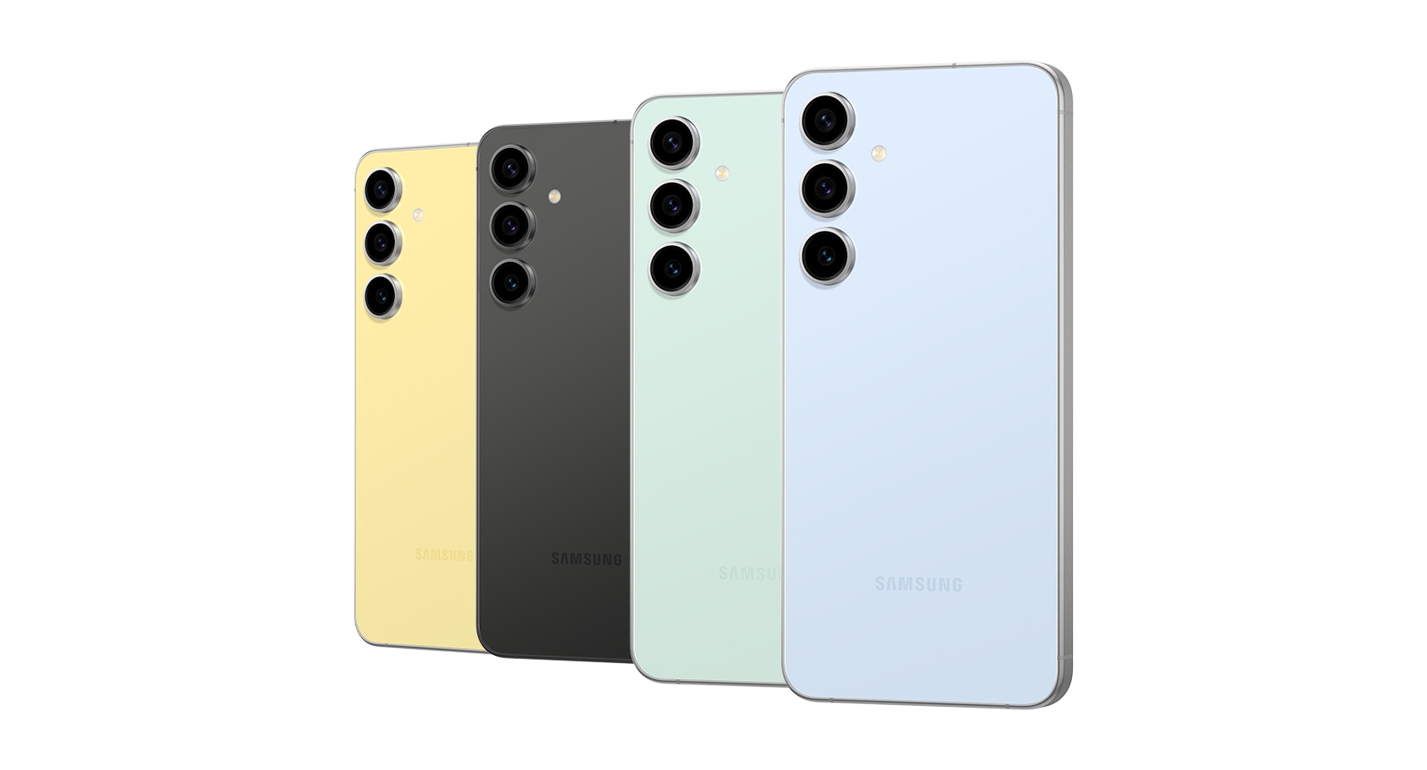 Fünf Galaxy S24 FE Smartphones in den Farben Yellow, Gray, Graphite, Mint und Blue stehen von hinten gesehen aufrecht. Die Geräte sind von hinten gesehen überlappend übereinander angeordnet.